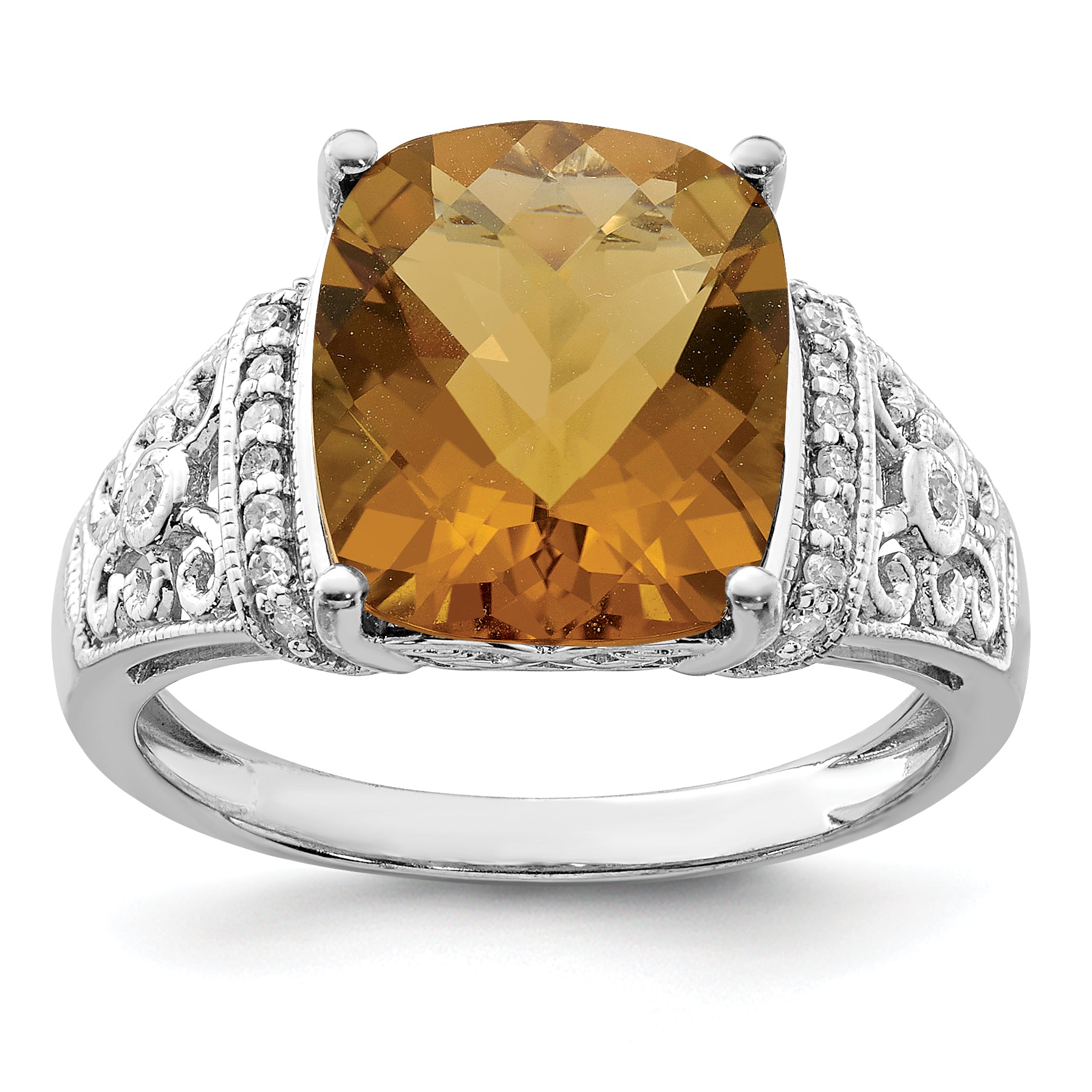Sterling Silver Rhodium Diam. & Checker-Cut Whiskey Quartz Ring Main image