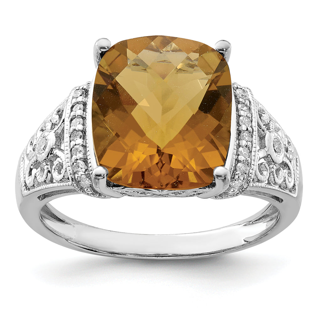Sterling Silver Rhodium Diam. & Checker-Cut Whiskey Quartz Ring