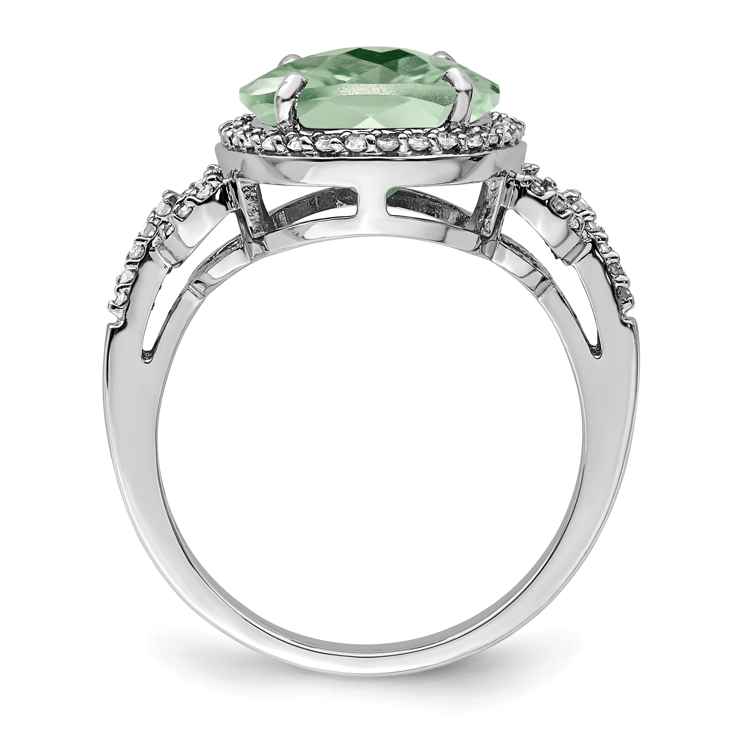 Sterling Silver Rhodium Oval Diam. & Checker-Cut Green Quartz Ring
