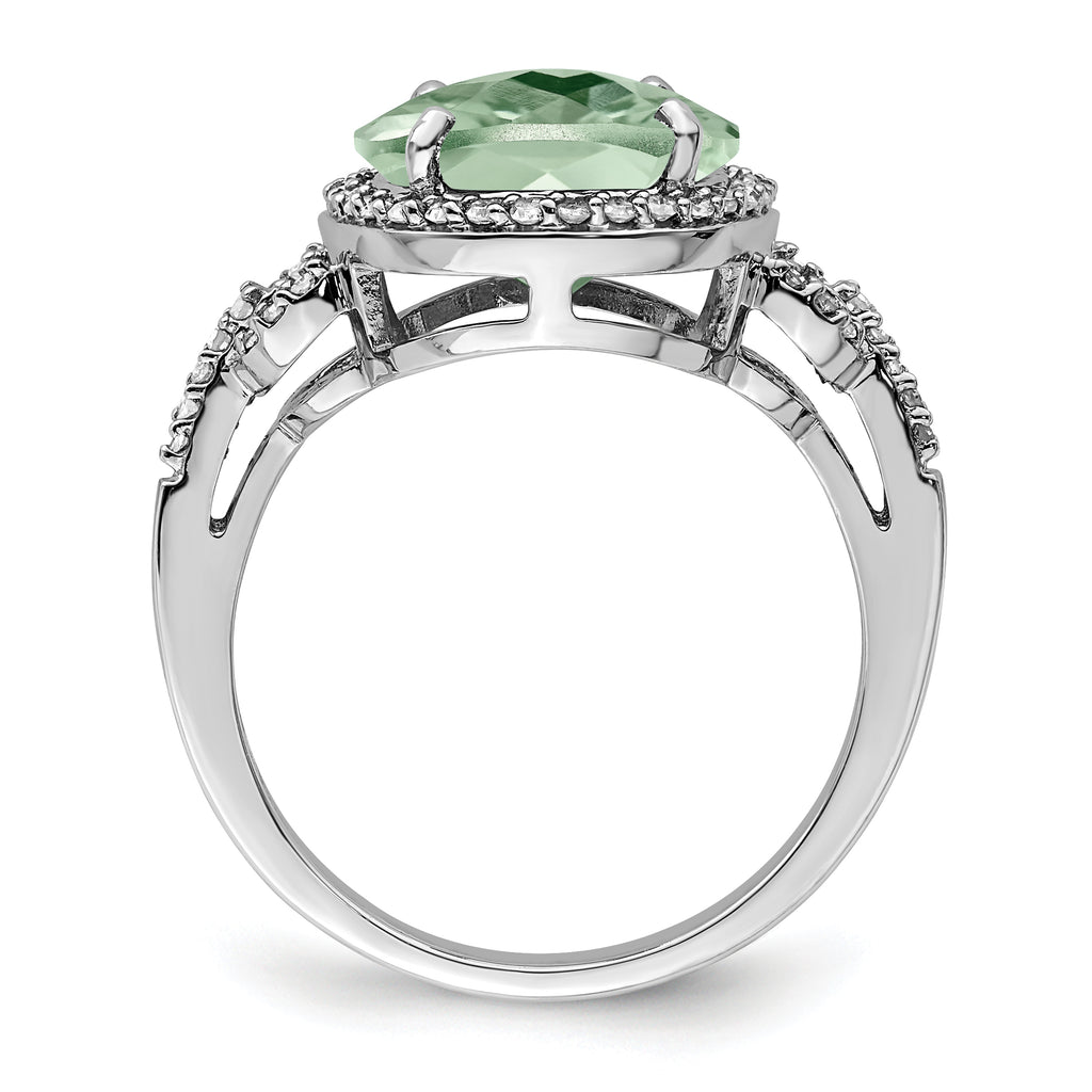 Sterling Silver Rhodium Oval Diam. & Checker-Cut Green Quartz Ring