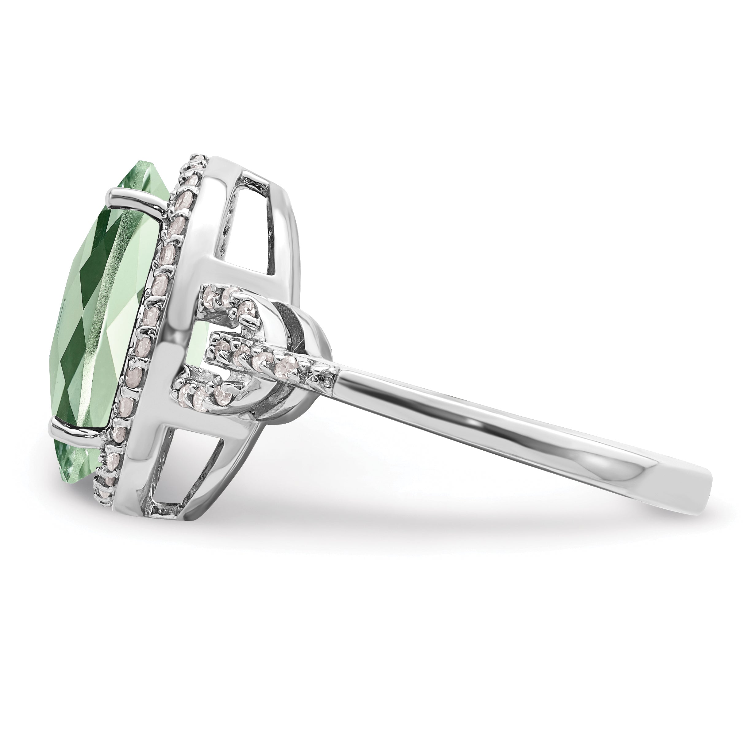 Sterling Silver Rhodium Oval Diam. & Checker-Cut Green Quartz Ring
