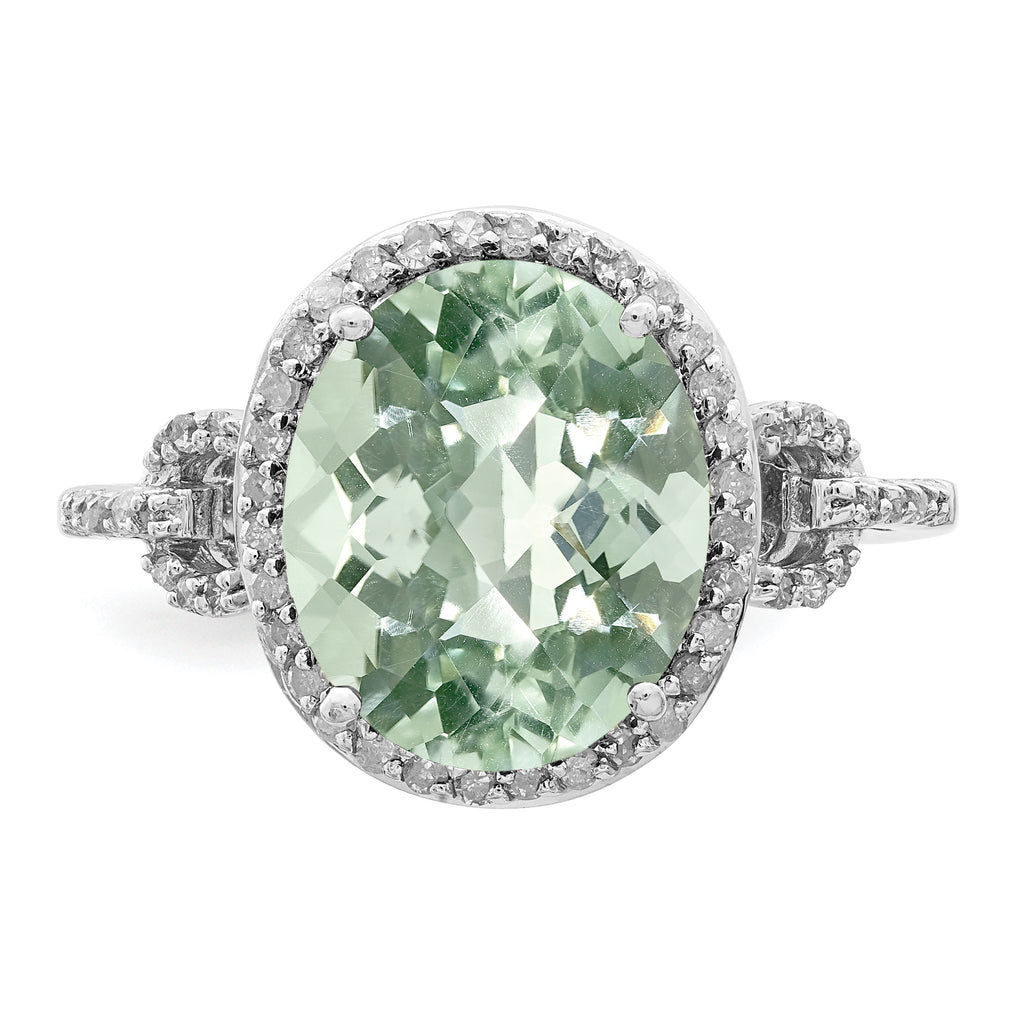 Sterling Silver Rhodium Oval Diam. & Checker-Cut Green Quartz Ring