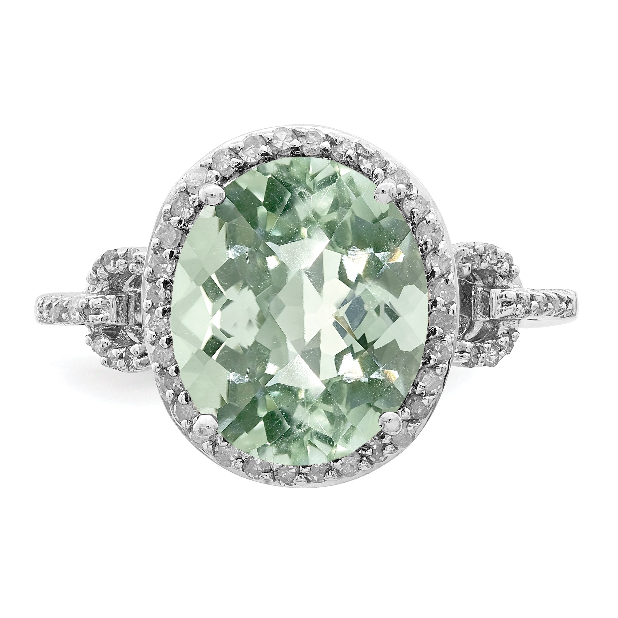 Sterling Silver Rhodium Oval Diam. & Checker-Cut Green Quartz Ring