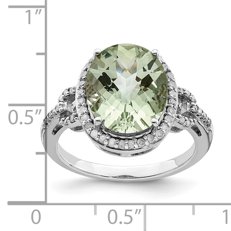 Sterling Silver Rhodium Oval Diam. & Checker-Cut Green Quartz Ring