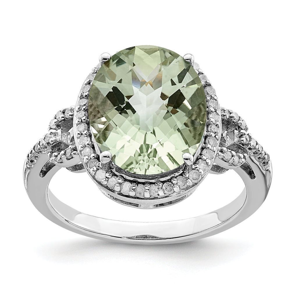 Sterling Silver Rhodium Oval Diam. & Checker-Cut Green Quartz Ring