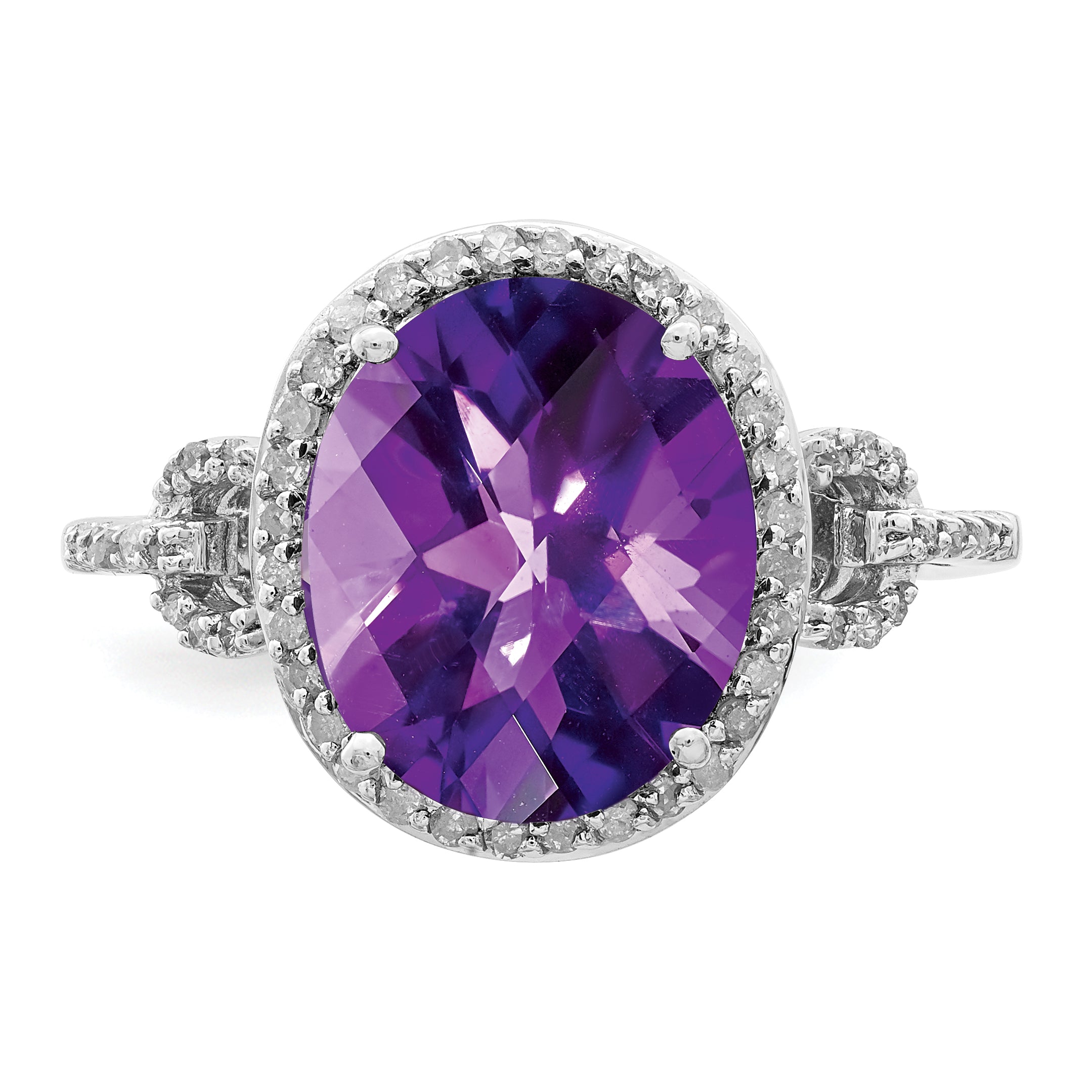Sterling Silver Rhodium Oval Checker-Cut Amethyst & Diamond Ring