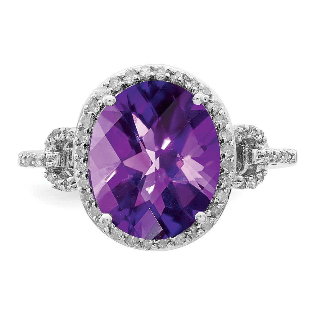 Sterling Silver Rhodium Oval Checker-Cut Amethyst & Diamond Ring