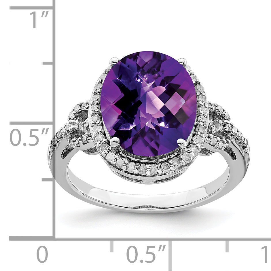 Sterling Silver Rhodium Oval Checker-Cut Amethyst & Diamond Ring