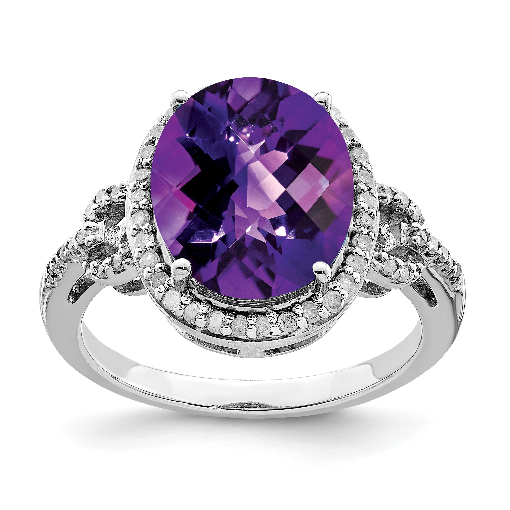 Sterling Silver Rhodium Oval Checker-Cut Amethyst & Diamond Ring