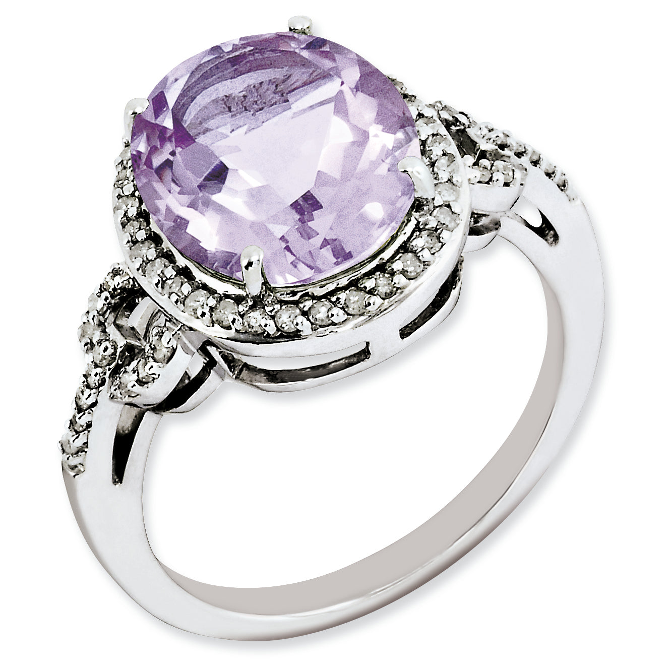 Sterling Silver RH-plated Oval Diamond & Checker-Cut Pink Quartz Ring Main image