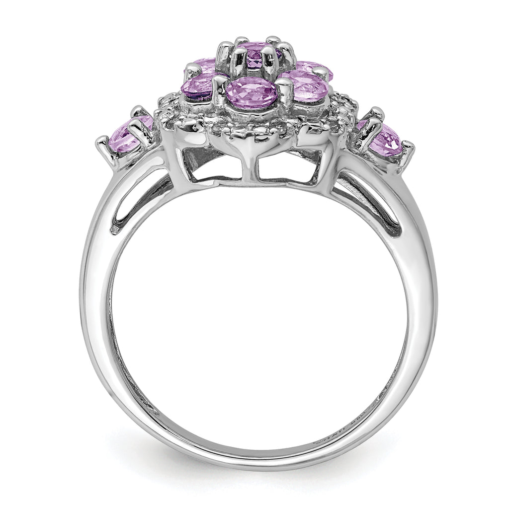 Sterling Silver Rhodium Diam. & Pink Quartz Ring