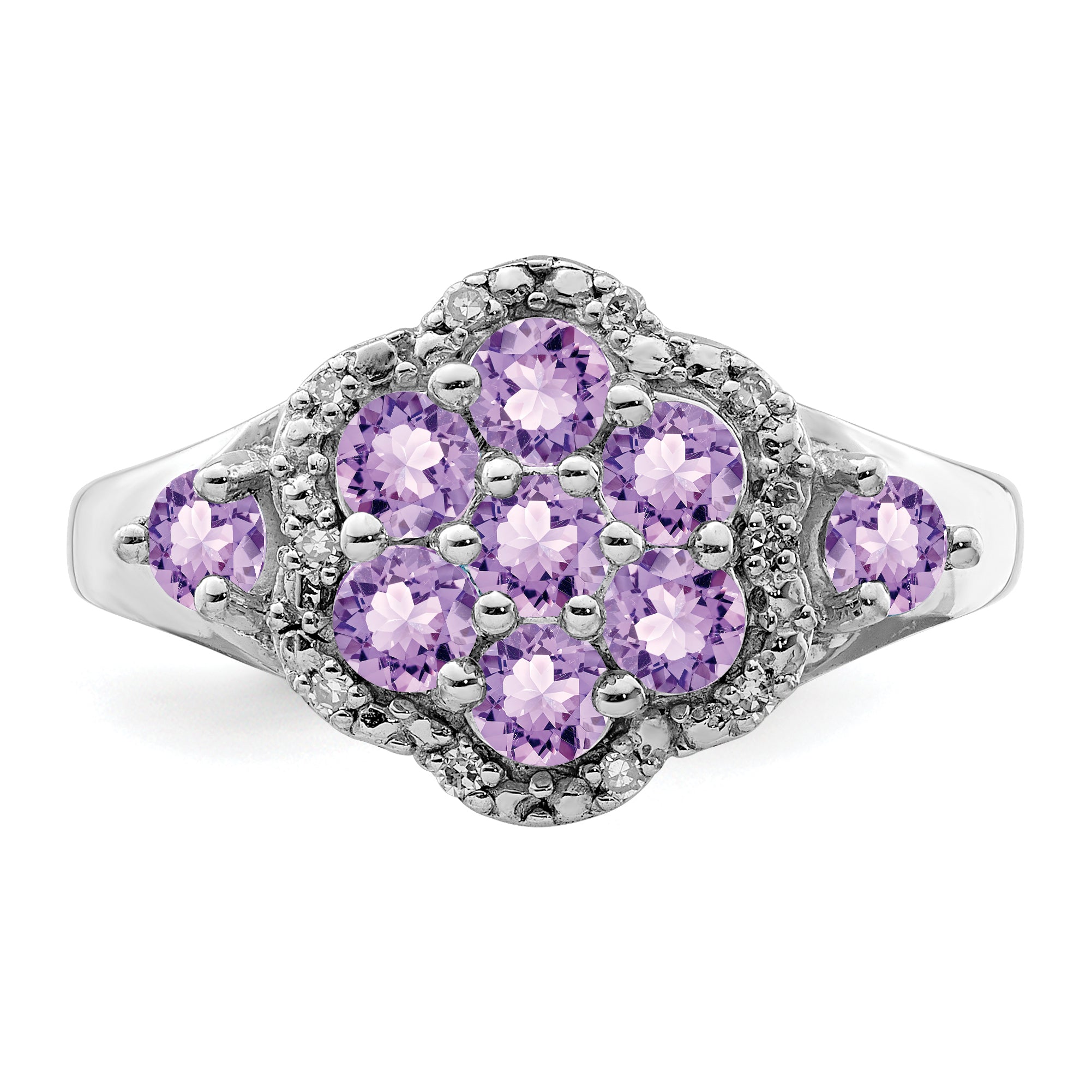 Sterling Silver Rhodium Diam. & Pink Quartz Ring