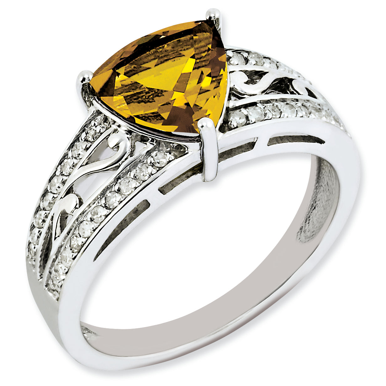 Sterling Silver Rhodium-plated Diamond & Whiskey Quartz Ring