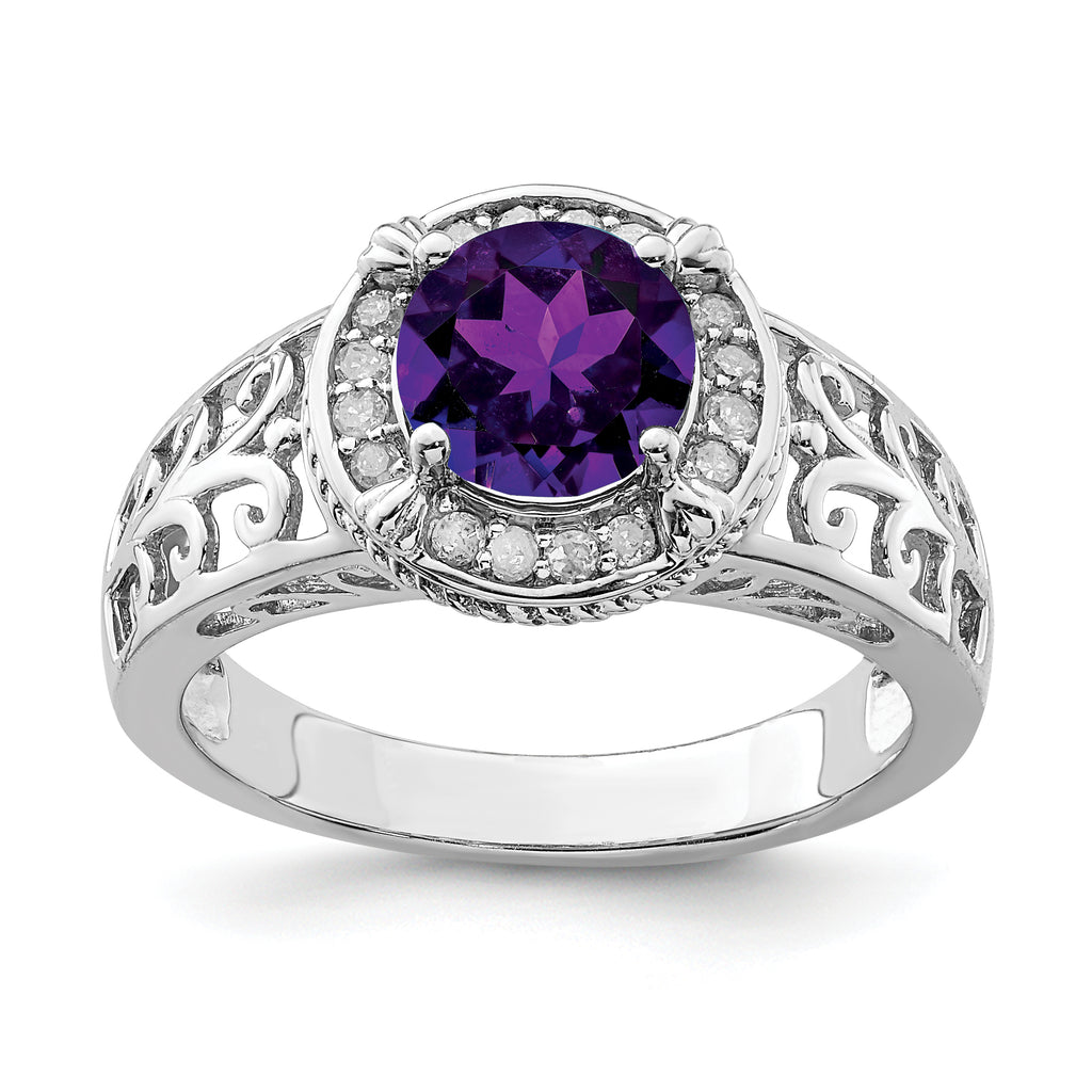 Sterling Silver Rhodium-plated Amethyst & Diamond Ring