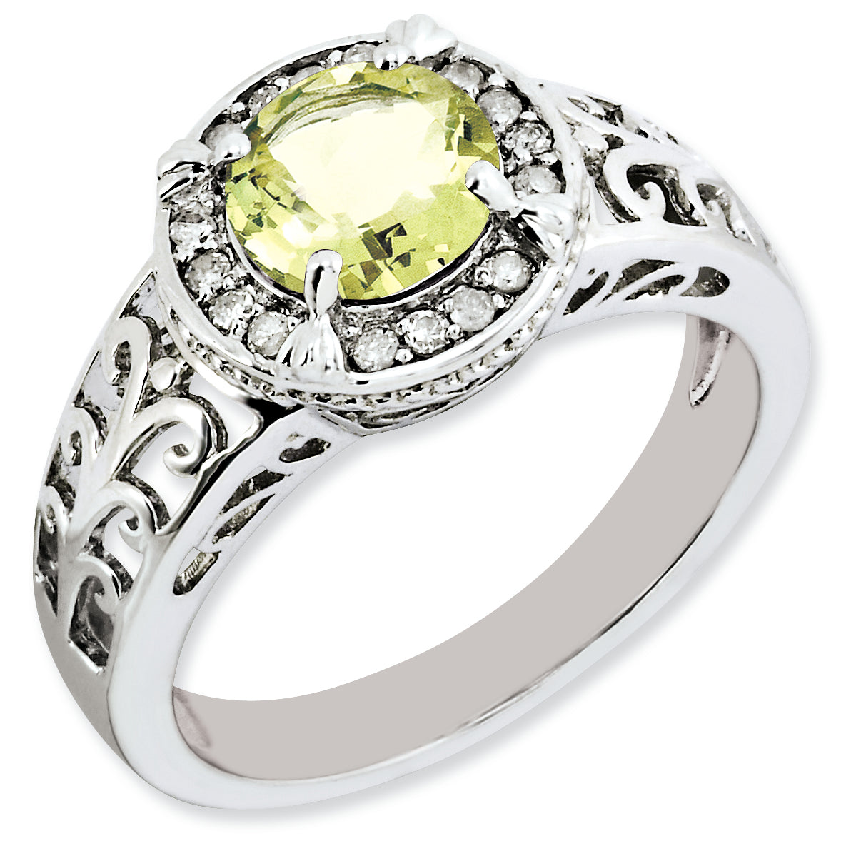 Sterling Silver Rhodium-plated Diamond & Lemon Quartz Ring