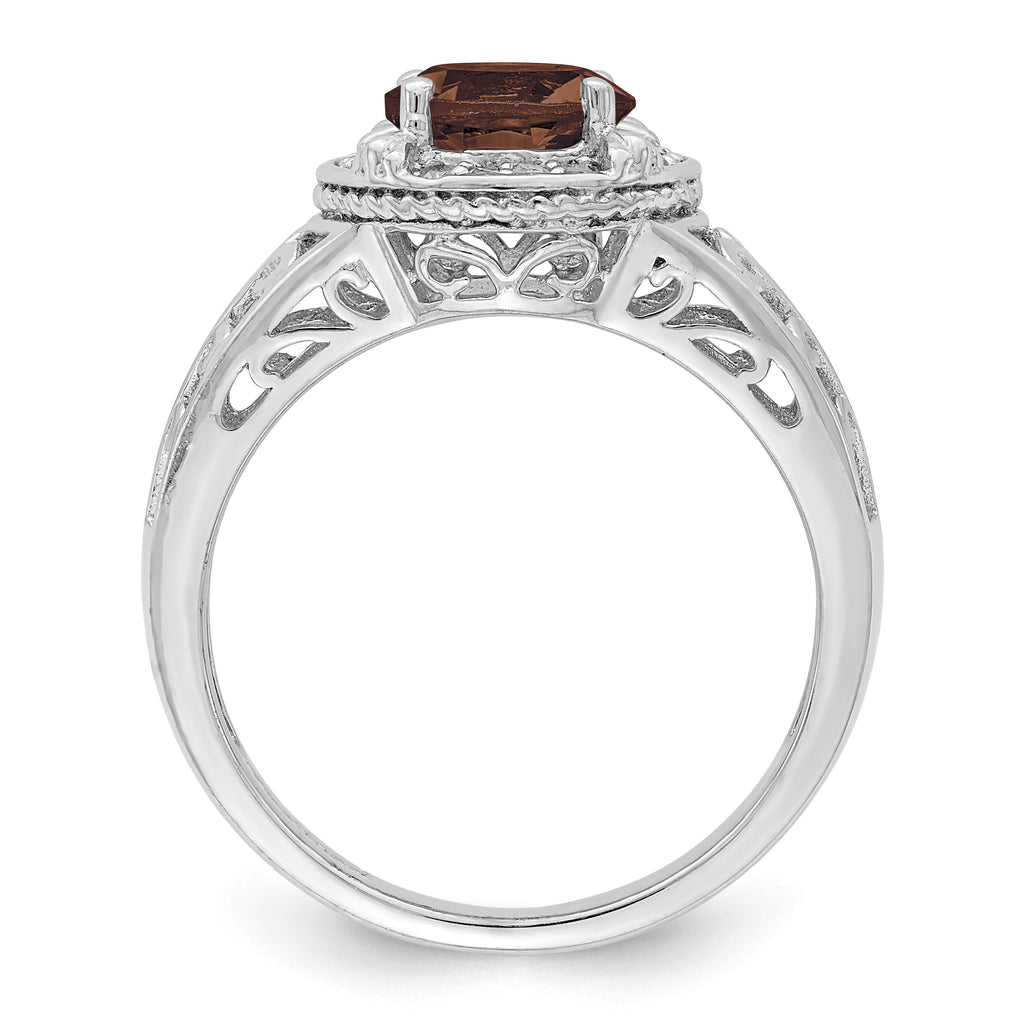 Sterling Silver Rhodium Diam. & Smoky Quartz Ring