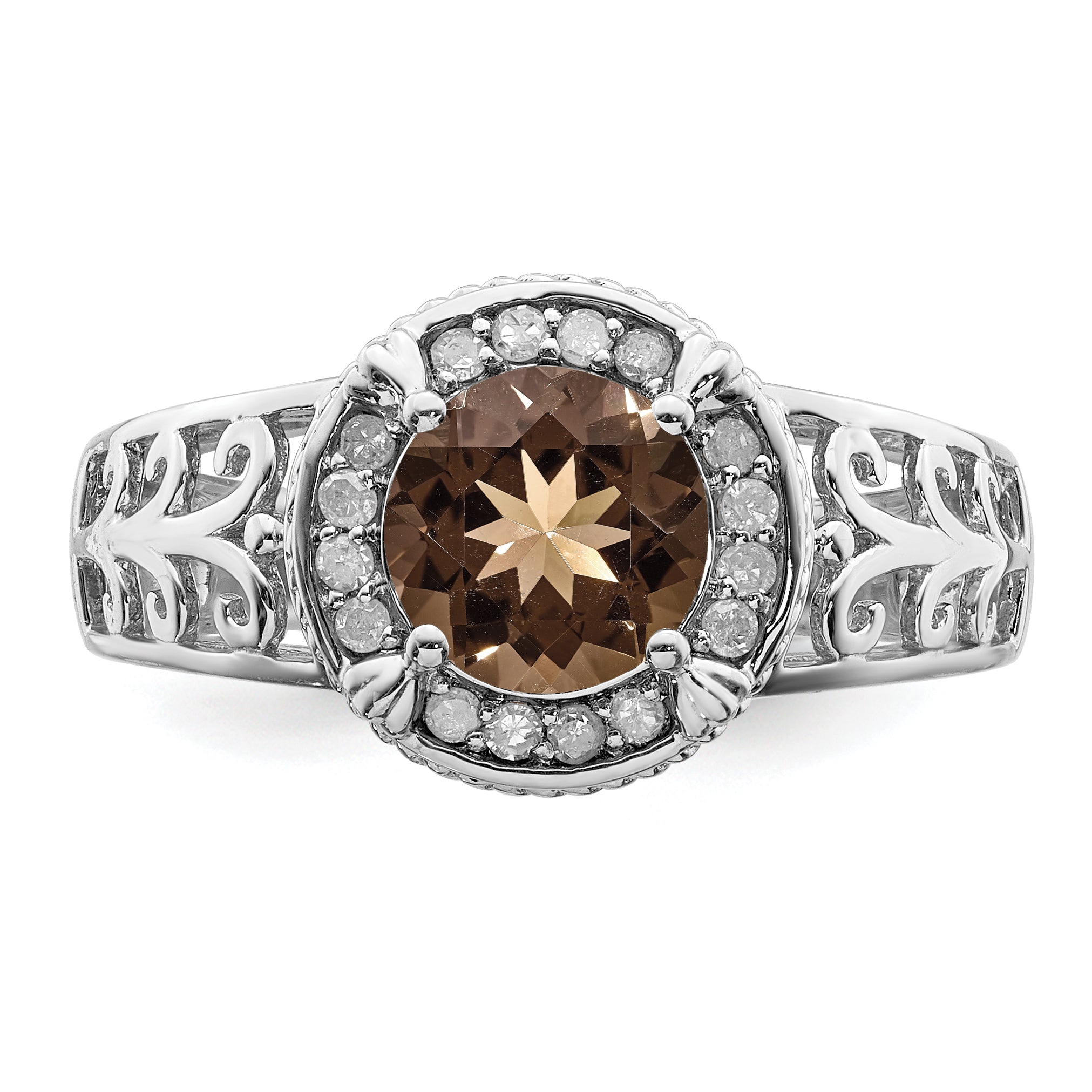 Sterling Silver Rhodium Diam. & Smoky Quartz Ring