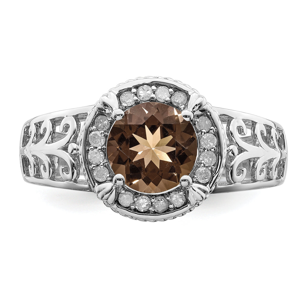 Sterling Silver Rhodium Diam. & Smoky Quartz Ring