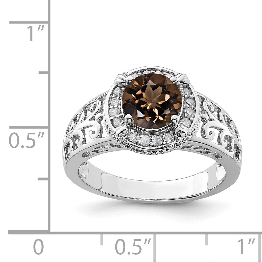 Sterling Silver Rhodium Diam. & Smoky Quartz Ring