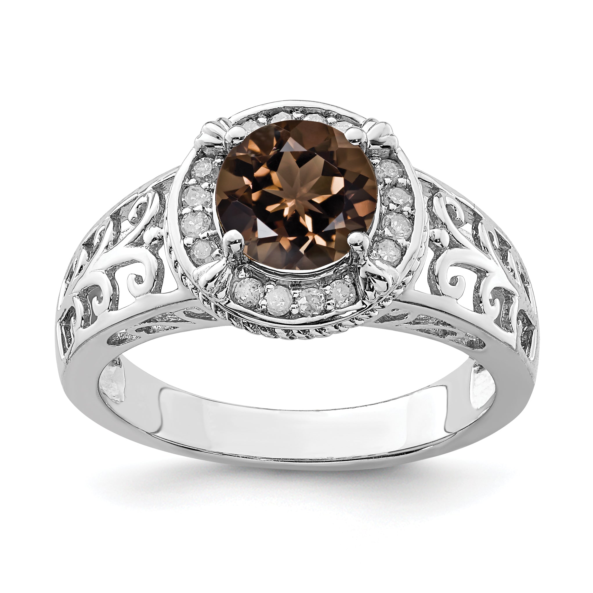 Sterling Silver Rhodium Diam. & Smoky Quartz Ring Main image