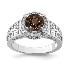 Sterling Silver Rhodium Diam. & Smoky Quartz Ring