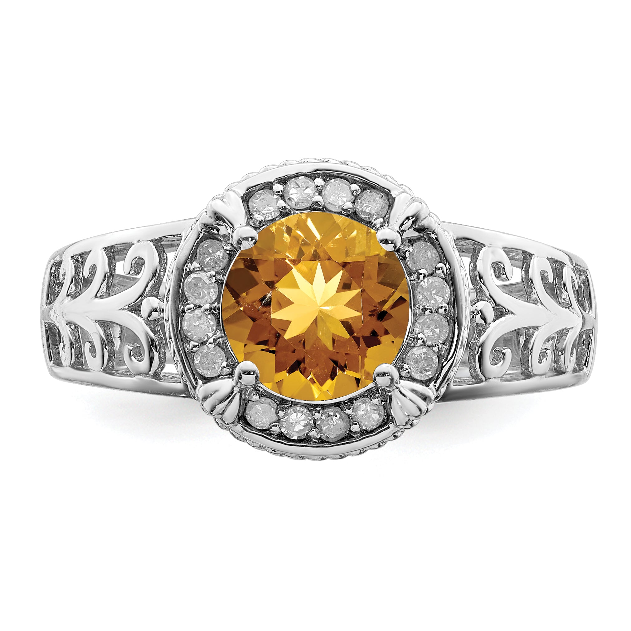 Sterling Silver Rhodium Diam. & Whiskey Quartz Ring