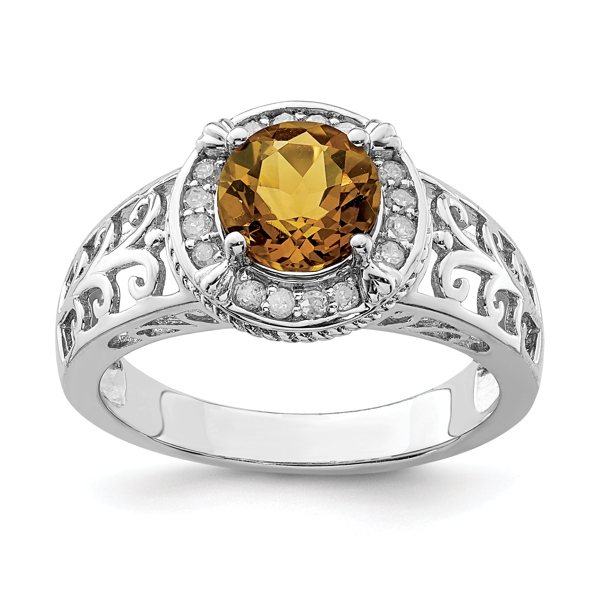 Sterling Silver Rhodium Diam. & Whiskey Quartz Ring