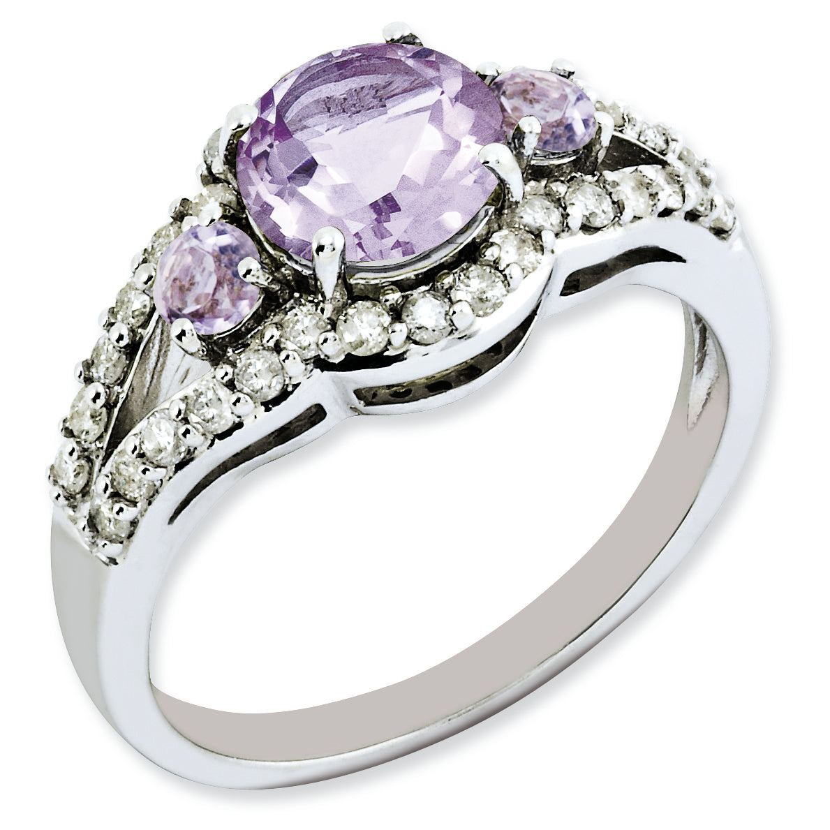 Sterling Silver Rhodium-plated Diamond & Pink Quartz Ring Main image