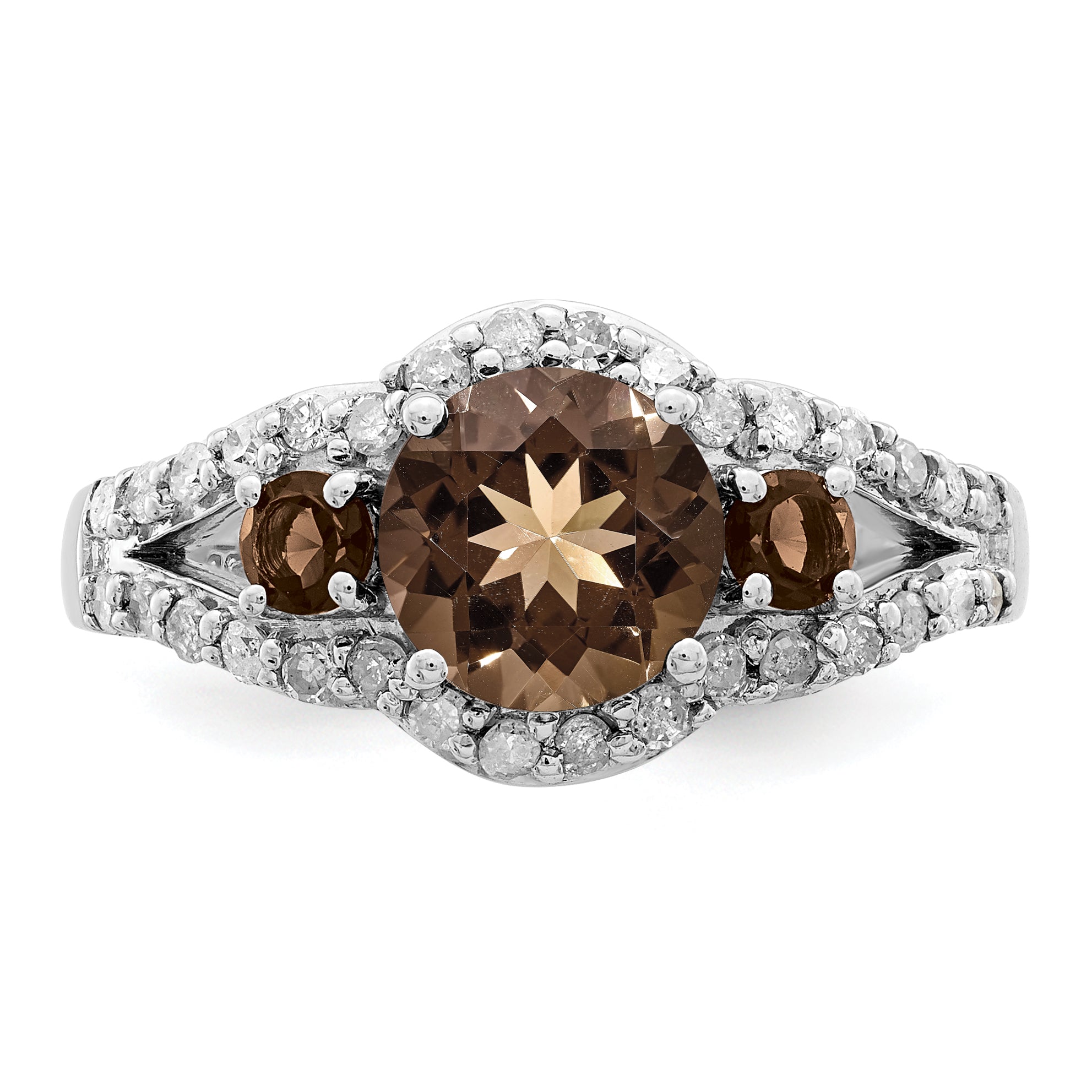 Sterling Silver Rhodium Diam. & Smoky Quartz Ring