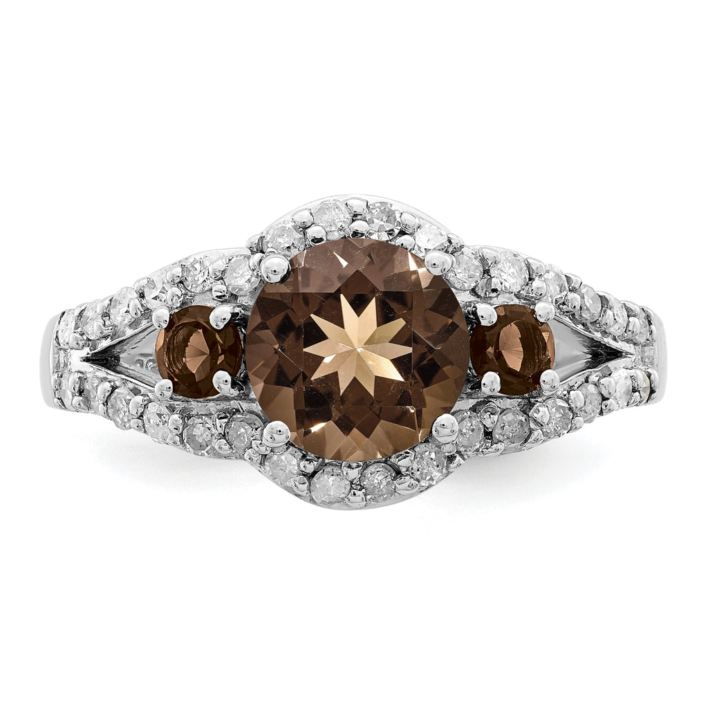 Sterling Silver Rhodium Diam. & Smoky Quartz Ring