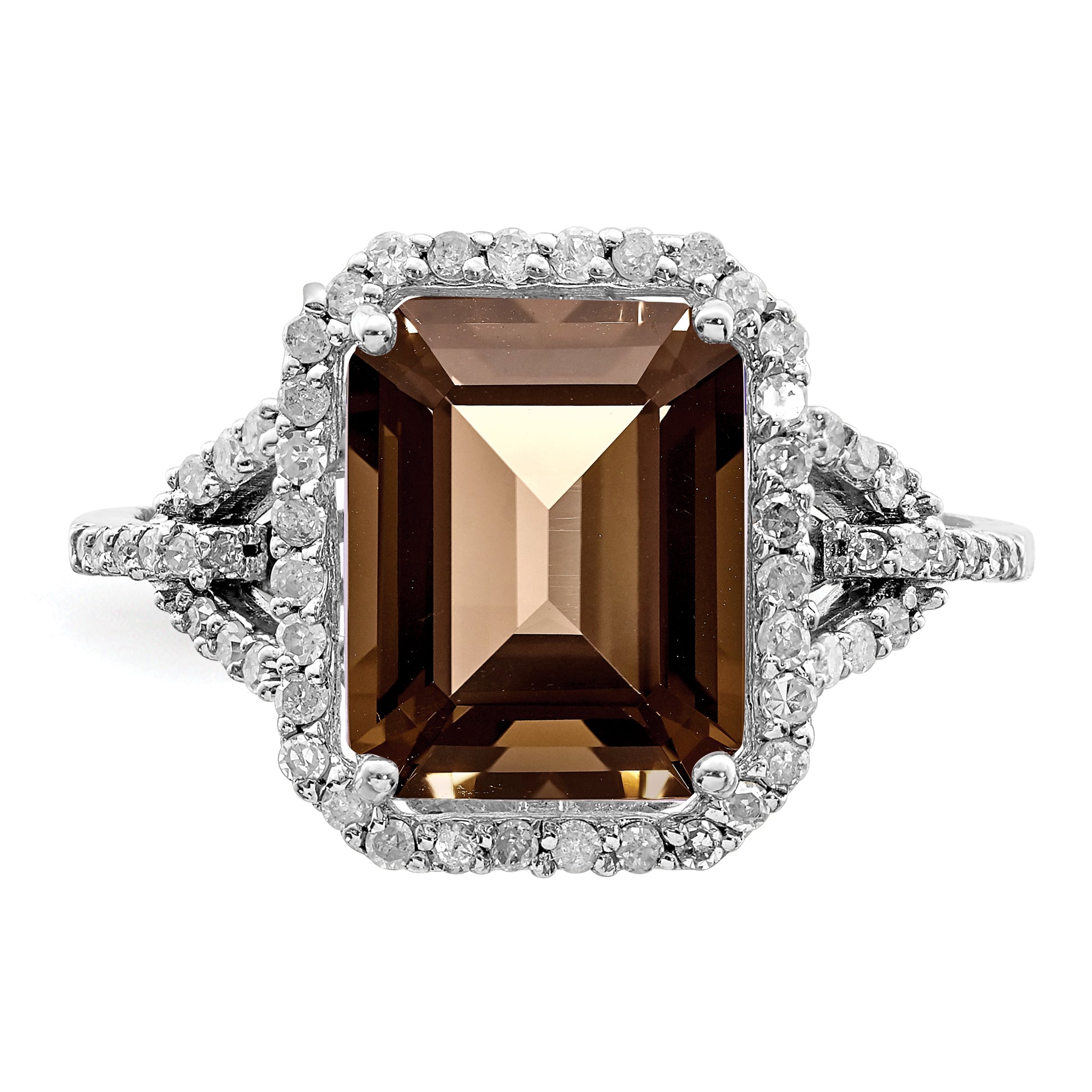 Sterling Silver Rhodium Octagonal Diam. & Smoky Quartz Ring