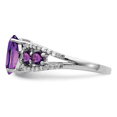 Sterling Silver Rhodium-plated Amethyst & Oval Diamond Ring
