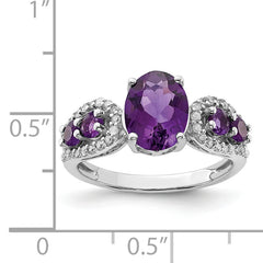 Sterling Silver Rhodium-plated Amethyst & Oval Diamond Ring