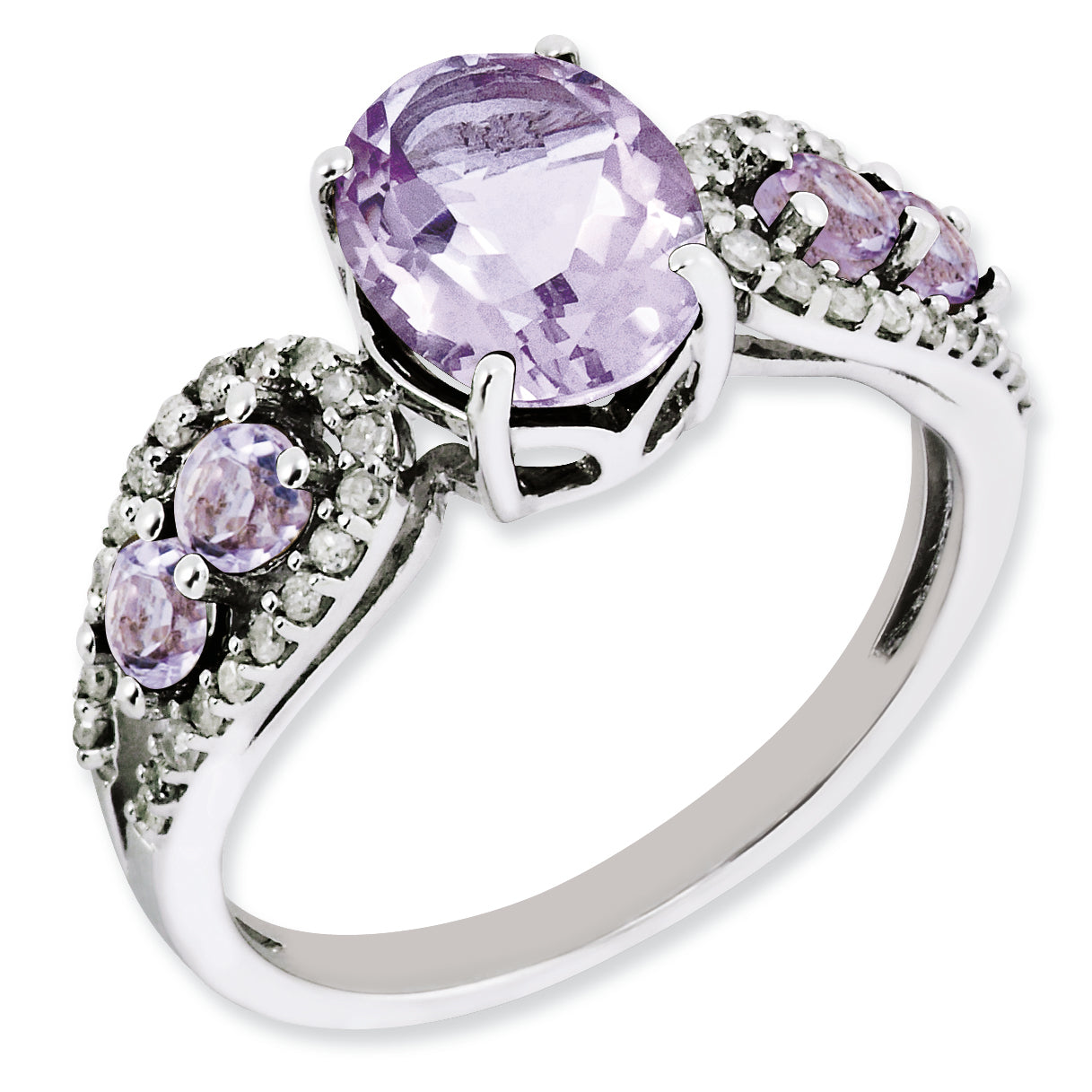 Sterling Silver Rhodium-plated Diamond & Oval Pink Quartz Ring Main image