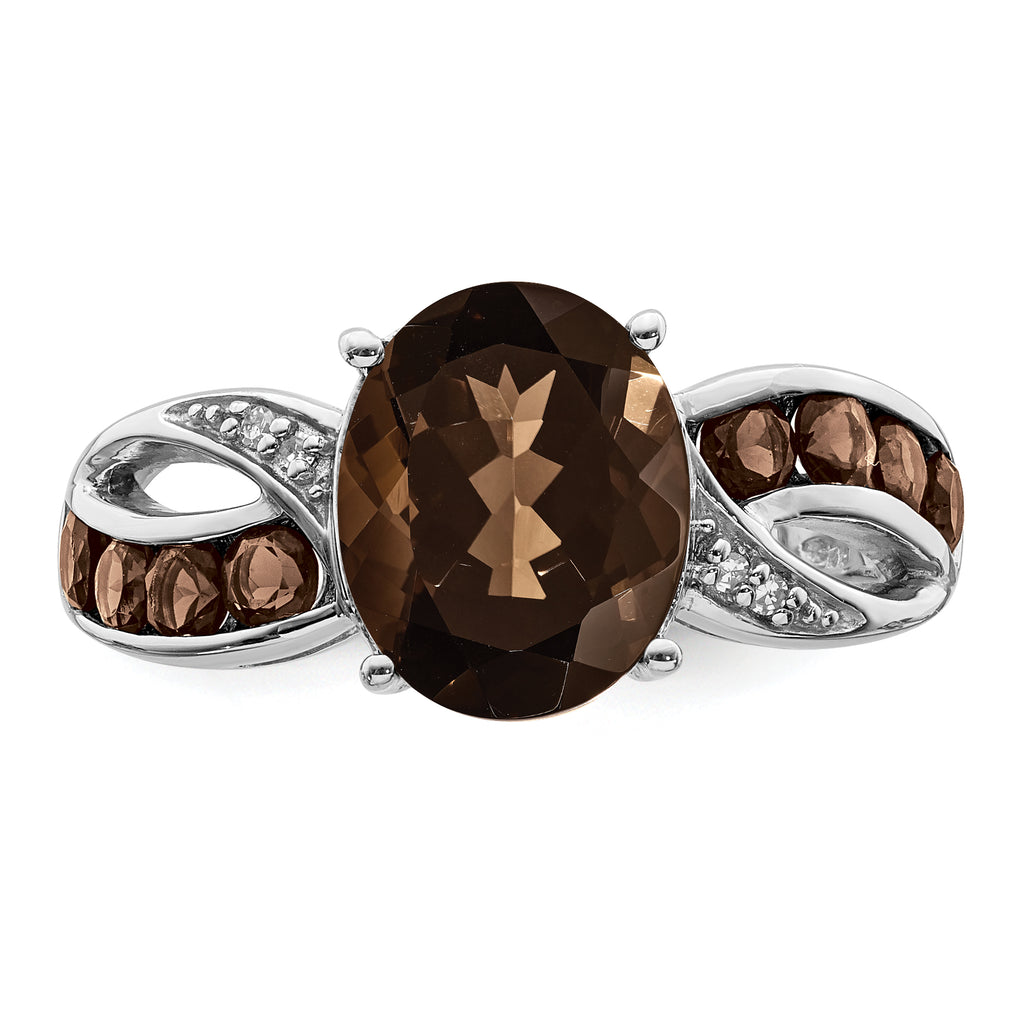 Sterling Silver Rhodium Diam. & Smoky Quartz Ring