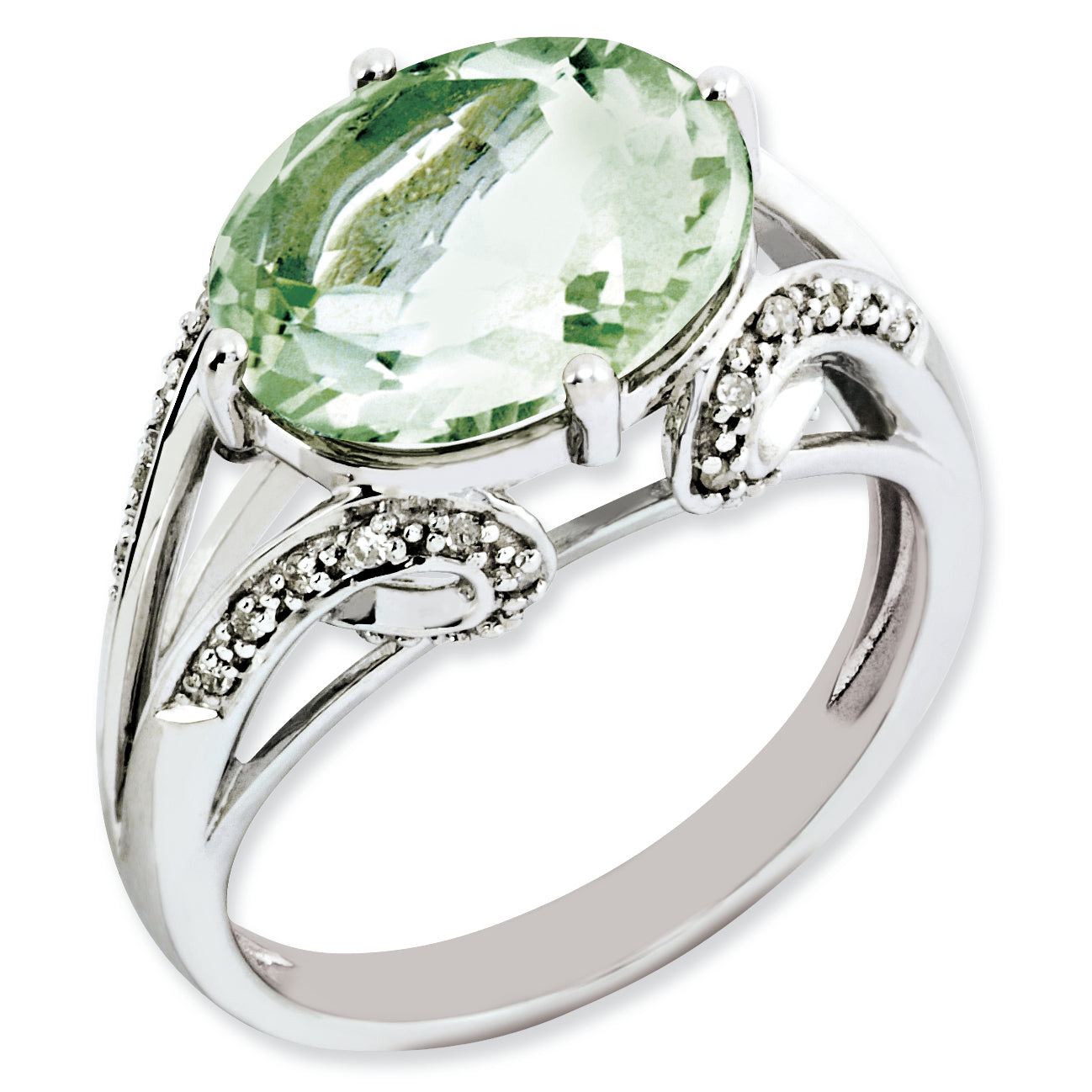 Sterling Silver Rhodium-plated Oval Diamond & Green Quartz Ring Main image
