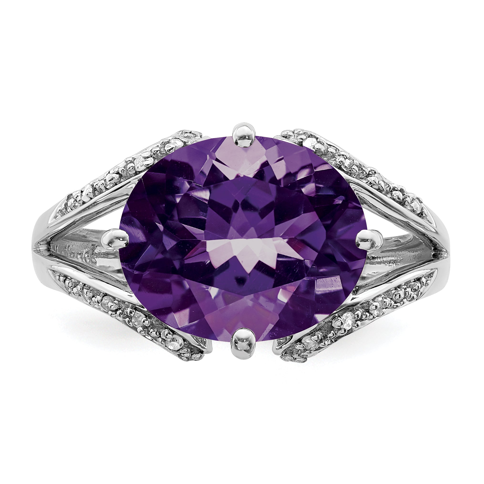 Sterling Silver Rhodium-plated Oval Amethyst & Diamond Ring