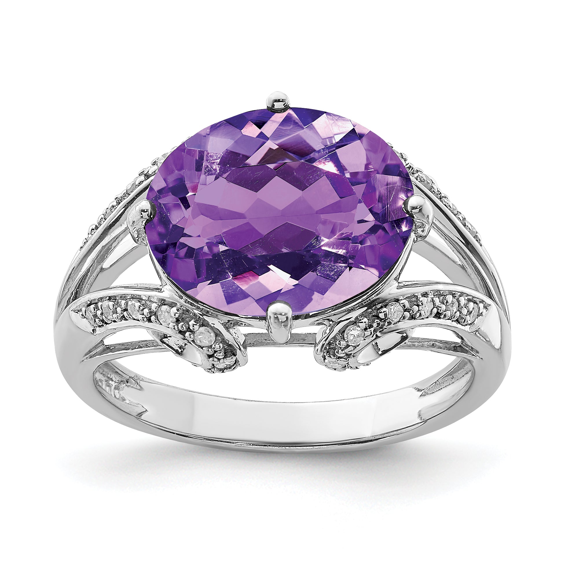 Sterling Silver Rhodium-plated Oval Amethyst & Diamond Ring Main image