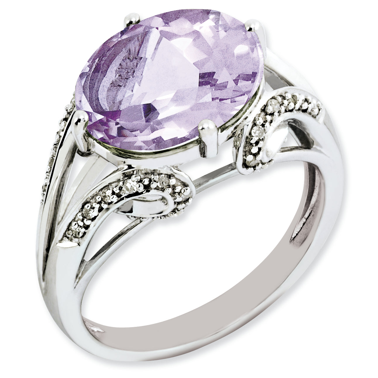 Sterling Silver Rhodium-plated Oval Diamond & Pink Quartz Ring