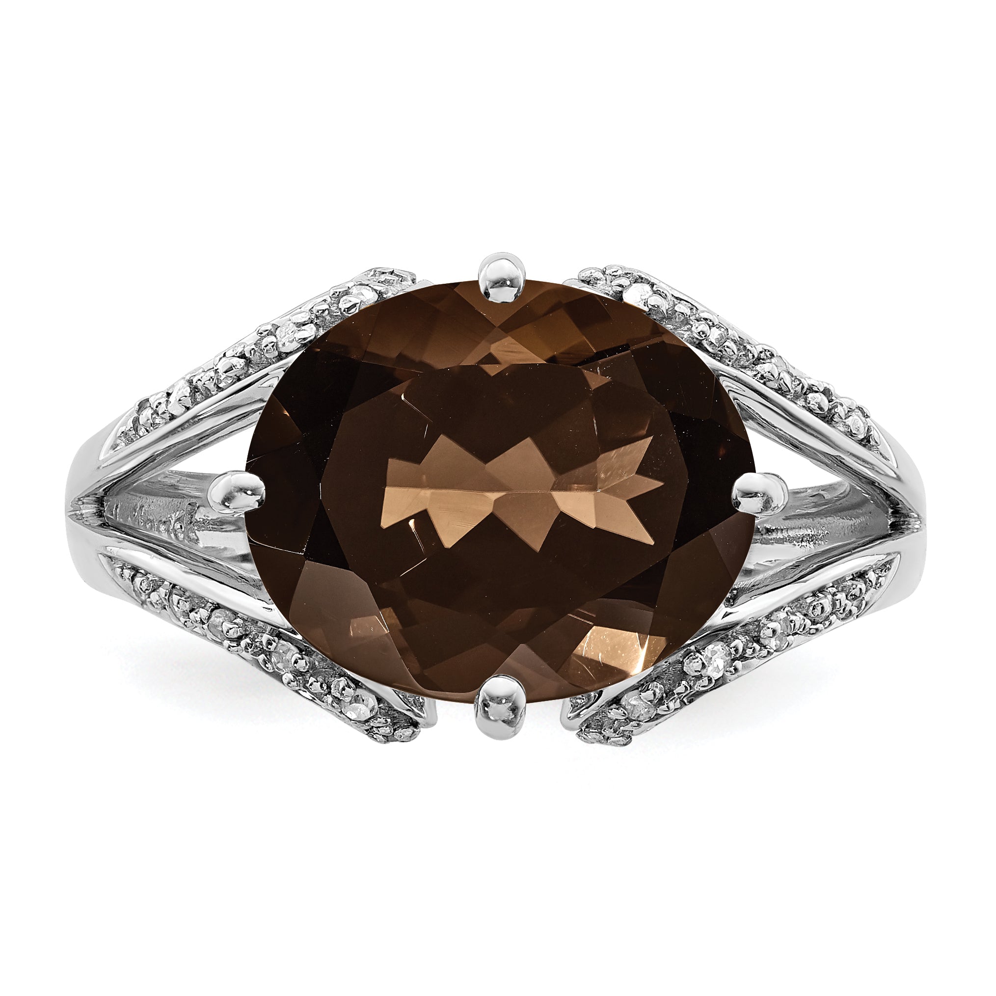 Sterling Silver Rhodium Oval Diam. & Smoky Quartz Ring