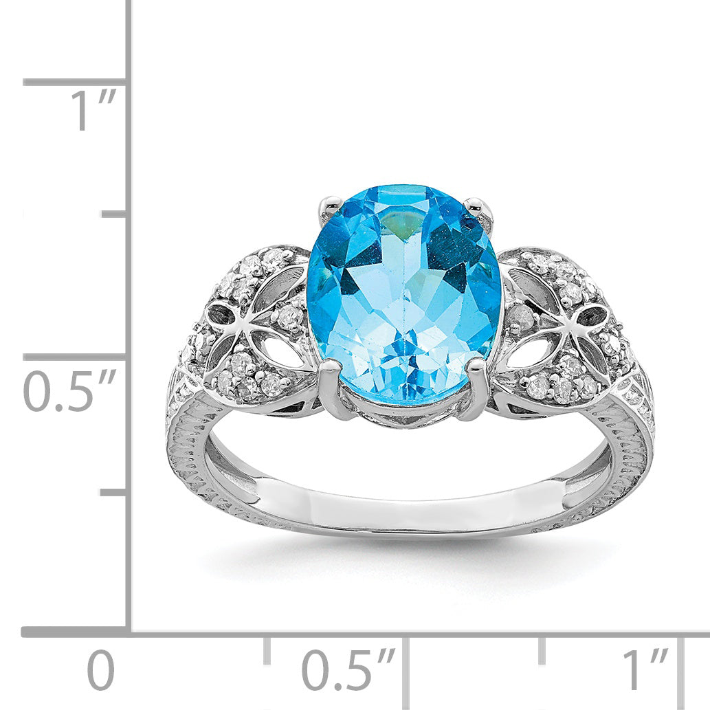 Sterling Silver Rhodium Oval Blue Topaz & Diam. Ring