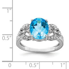 Sterling Silver Rhodium Oval Blue Topaz & Diam. Ring