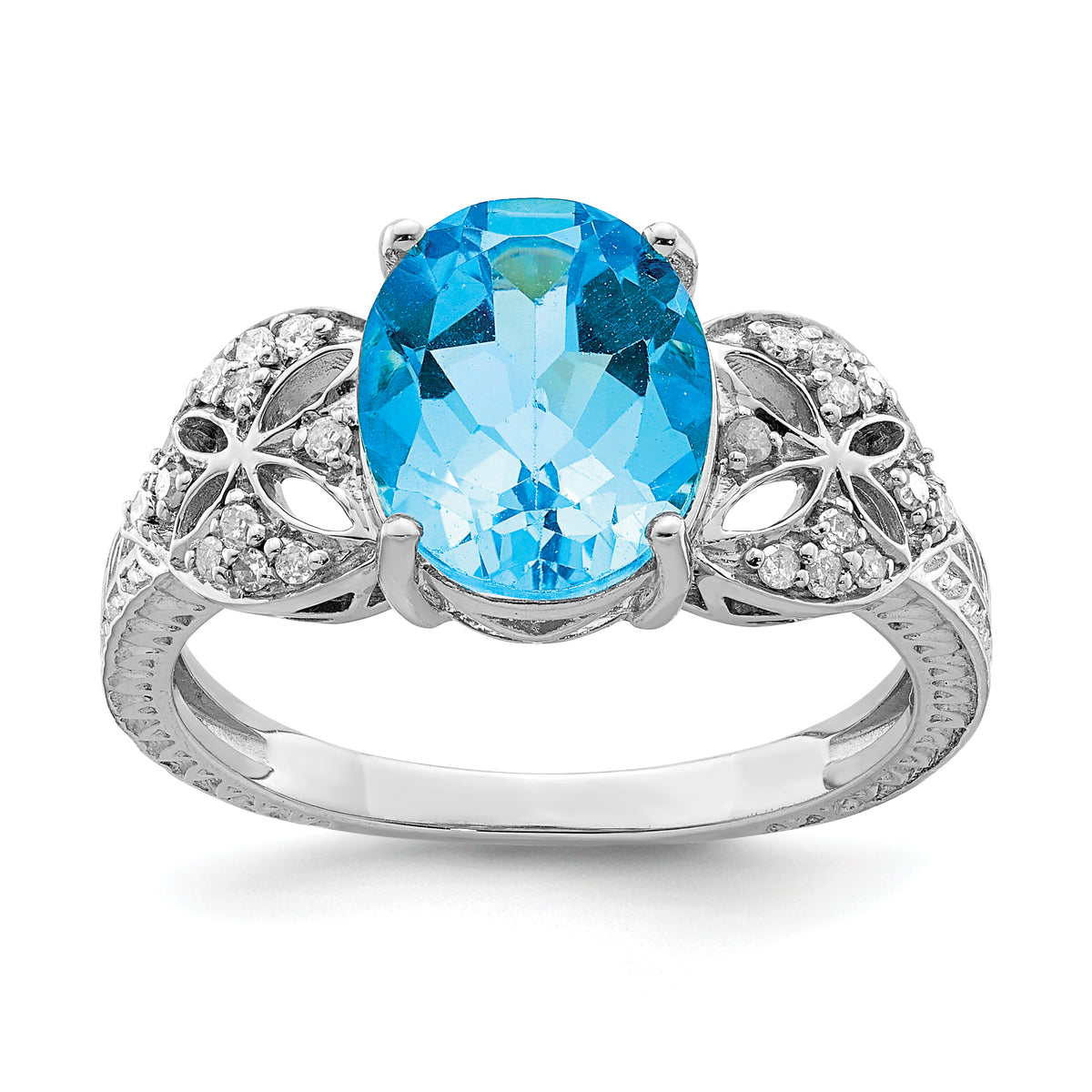 Sterling Silver Rhodium Oval Blue Topaz & Diam. Ring