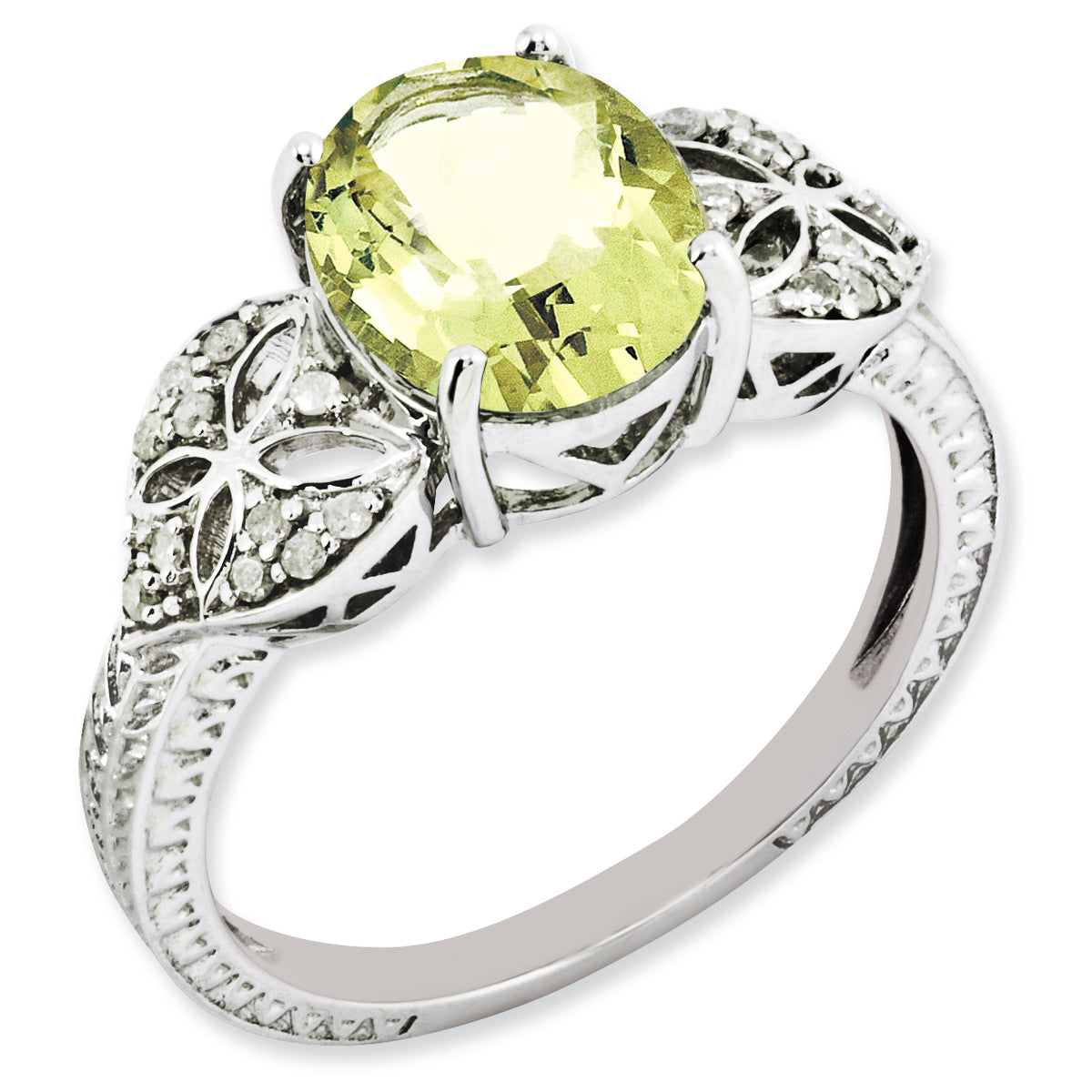 Sterling Silver Rhodium-plated Oval Diamond & Lemon Quartz Ring
