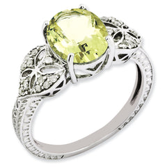 Sterling Silver Rhodium-plated Oval Diamond & Lemon Quartz Ring
