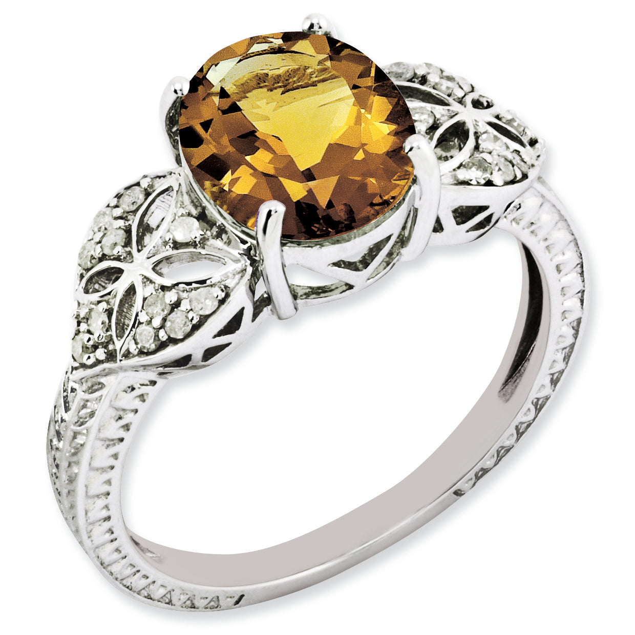 Sterling Silver Rhodium-plated Oval Diamond & Whiskey Quartz Ring