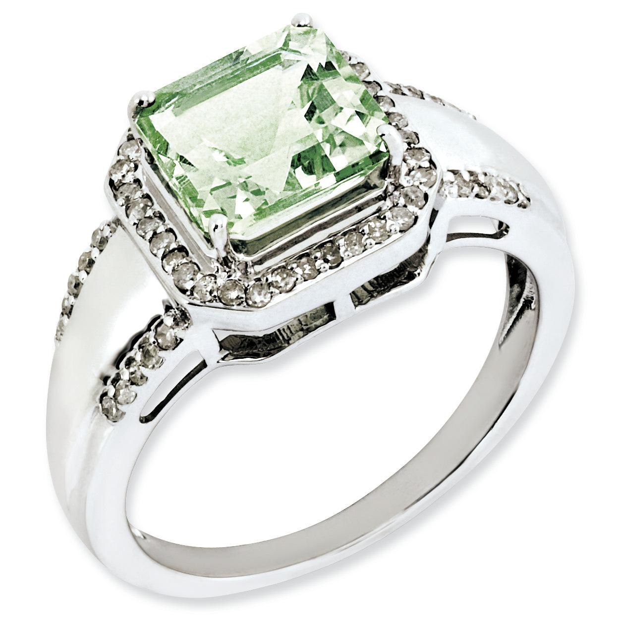 Sterling Silver Rhodium-plated Diamond & Green Quartz Ring