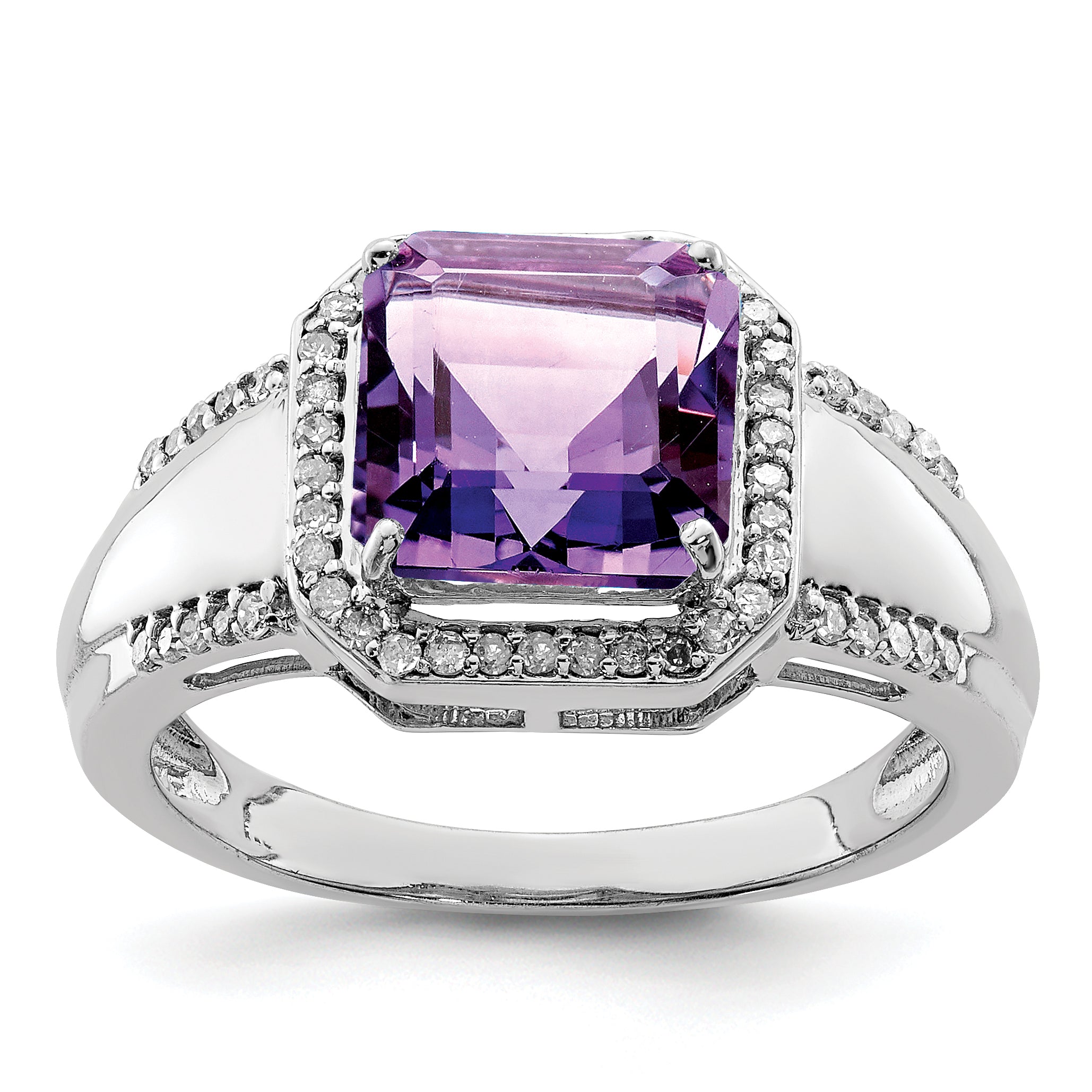 Sterling Silver Rhodium-plated Square Amethyst & Diamond Ring Main image
