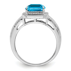Sterling Silver Rhodium Square Blue Topaz & Diam. Ring