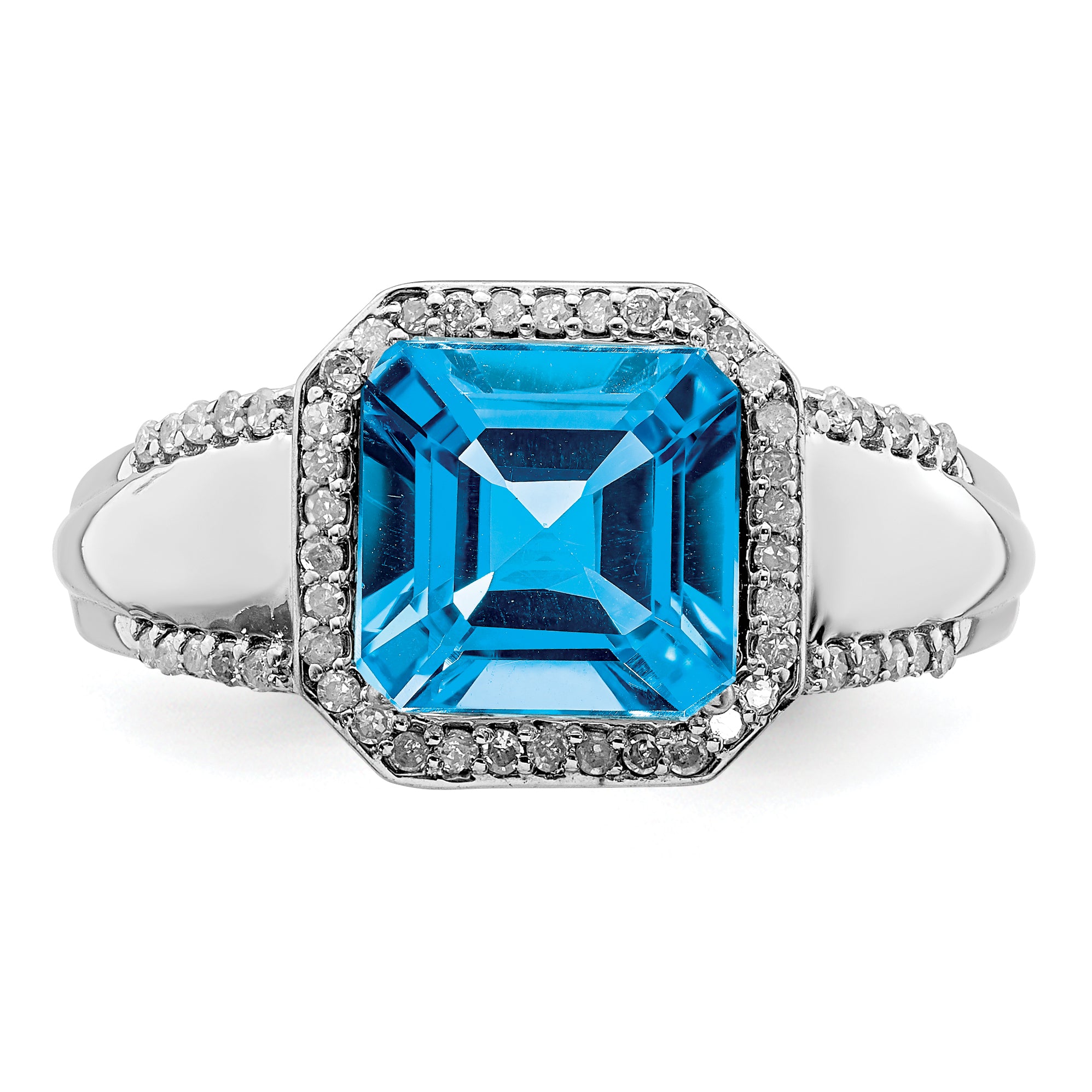 Sterling Silver Rhodium Square Blue Topaz & Diam. Ring